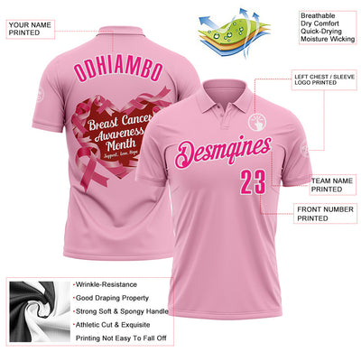 Custom Light Pink Hot Pink-White 3D Pink Ribbon Breast Cancer Awareness Performance Polo Shirt