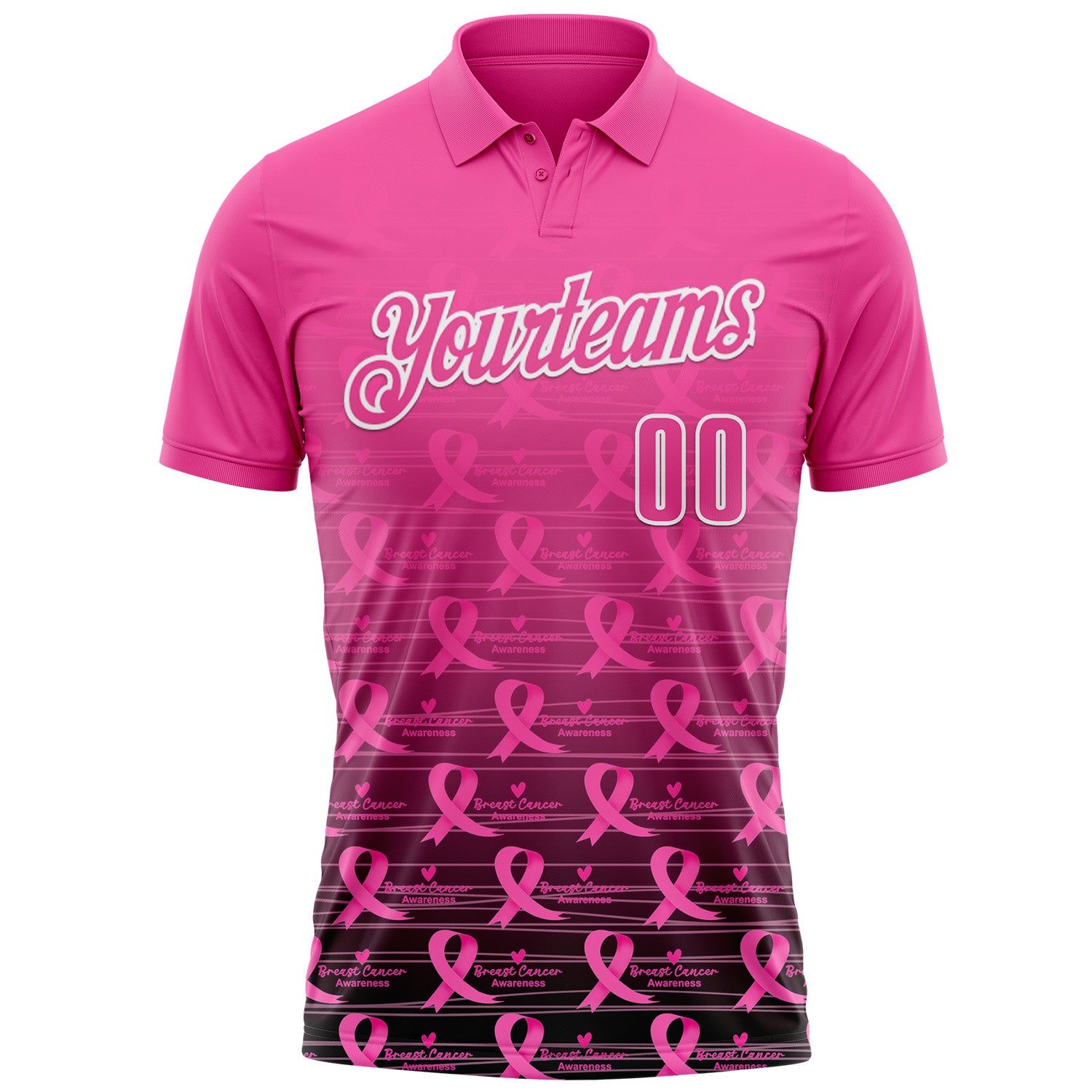 Custom Pink Black-White 3D Gradient Pink Ribbon Breast Cancer Awareness Performance Polo Shirt