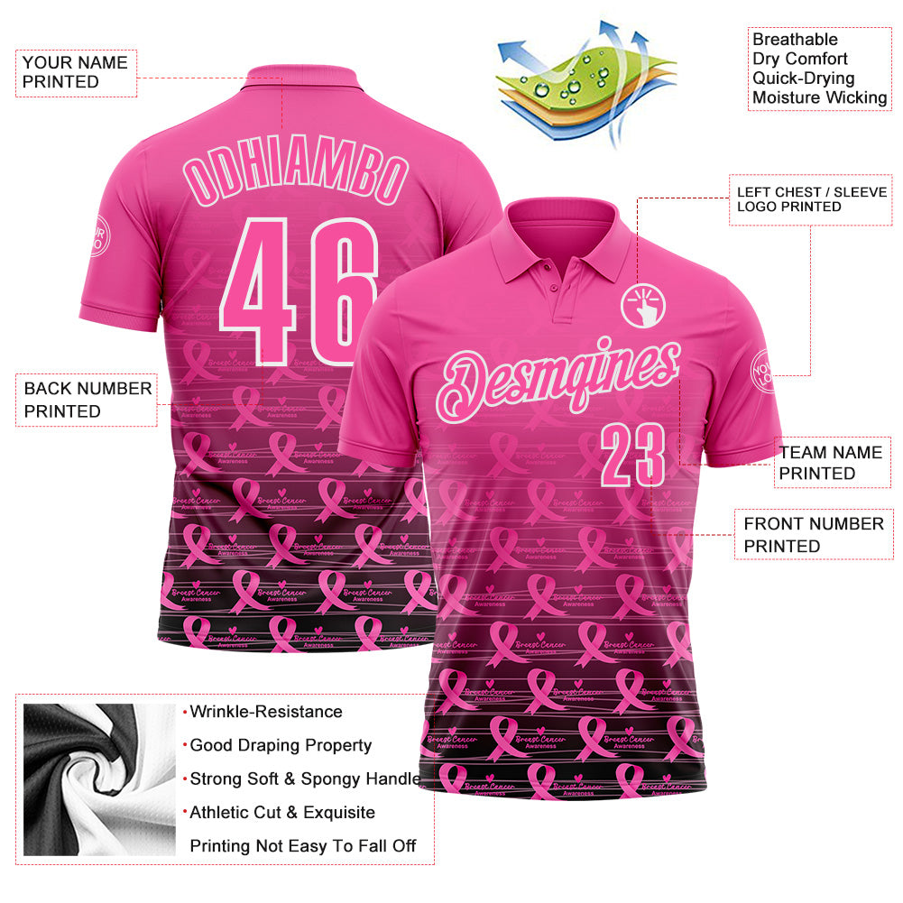 Custom Pink Black-White 3D Gradient Pink Ribbon Breast Cancer Awareness Performance Polo Shirt