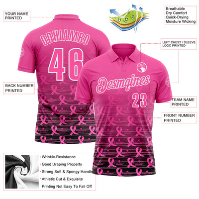 Custom Pink Black-White 3D Gradient Pink Ribbon Breast Cancer Awareness Performance Polo Shirt