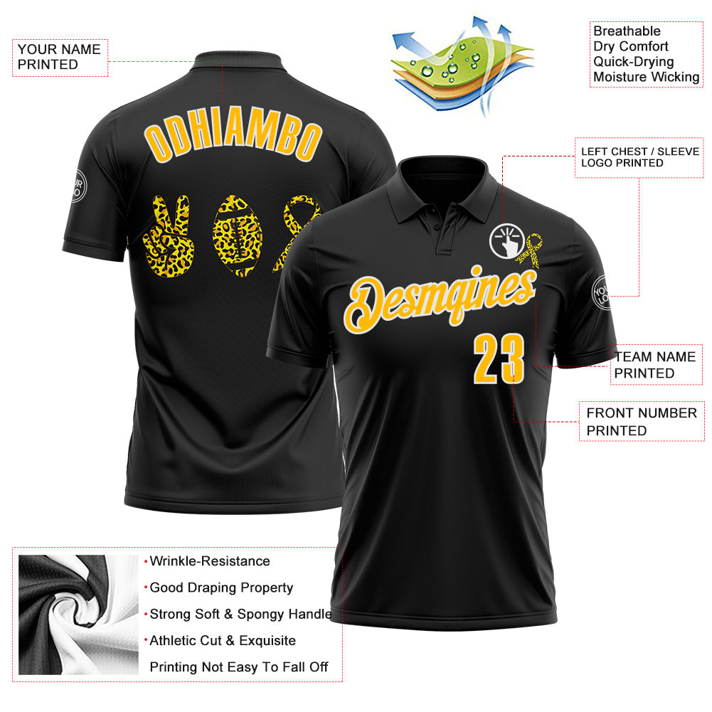 Custom Black Gold-White 3D Pattern Design Yellow Ribbon Bone Cancer Awareness Leopard Pattern Football Performance Polo Shirt