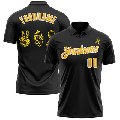 Custom Black Gold-White 3D Pattern Design Yellow Ribbon Bone Cancer Awareness Leopard Pattern Football Performance Polo Shirt
