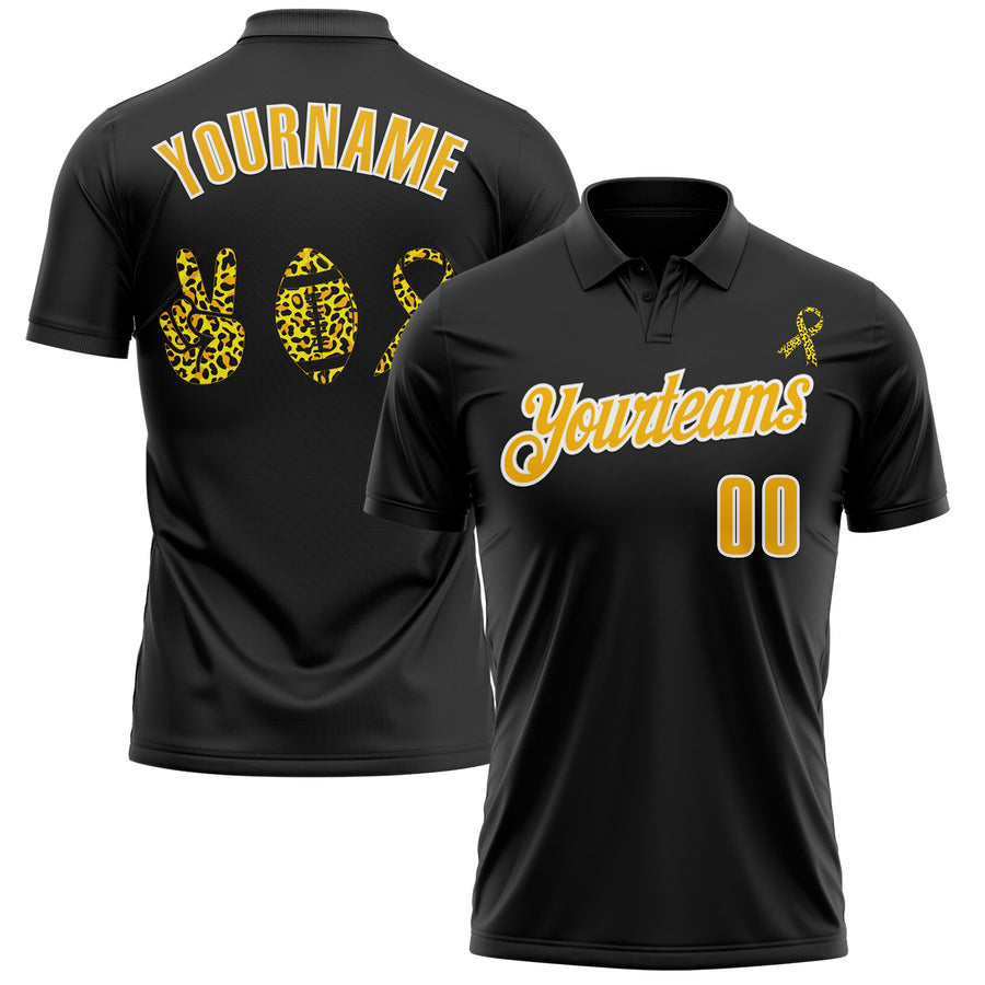 Custom Black Gold-White 3D Pattern Design Yellow Ribbon Bone Cancer Awareness Leopard Pattern Football Performance Polo Shirt