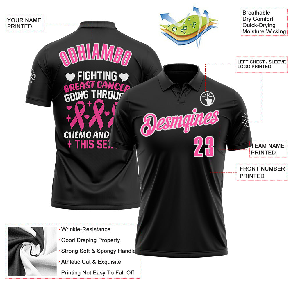Custom Black Pink-White 3D Pink Ribbon Breast Cancer Awareness Performance Polo Shirt