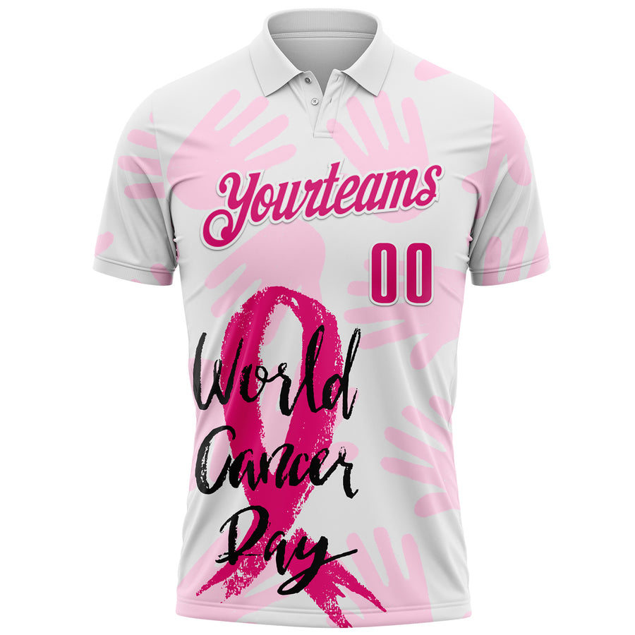 Custom White Hot Pink 3D Pink Ribbon Breast Cancer Awareness World Cancer Day Performance Polo Shirt