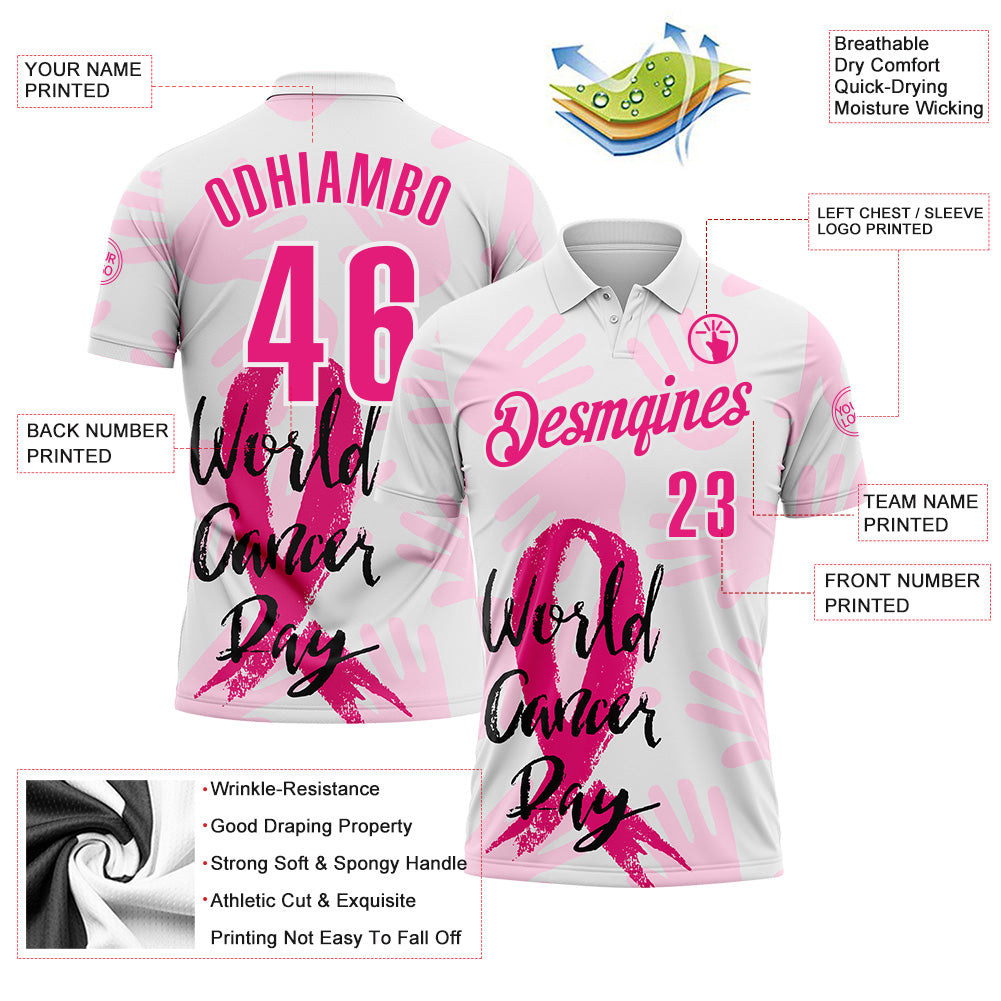 Custom White Hot Pink 3D Pink Ribbon Breast Cancer Awareness World Cancer Day Performance Polo Shirt