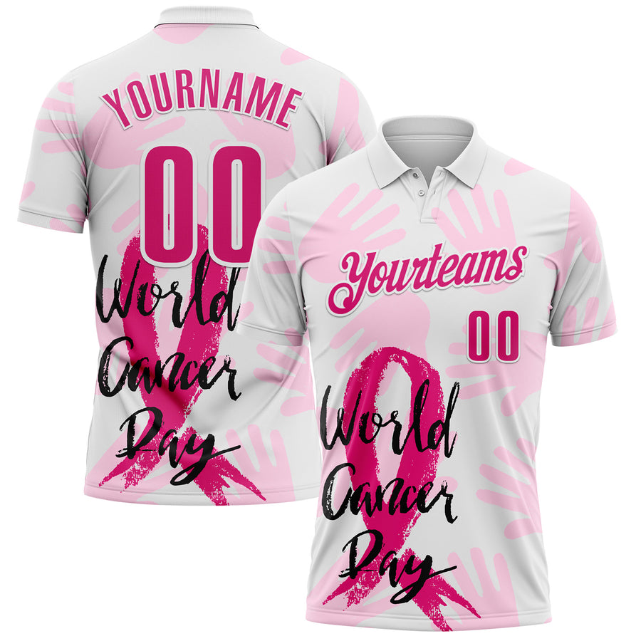 Custom White Hot Pink 3D Pink Ribbon Breast Cancer Awareness World Cancer Day Performance Polo Shirt
