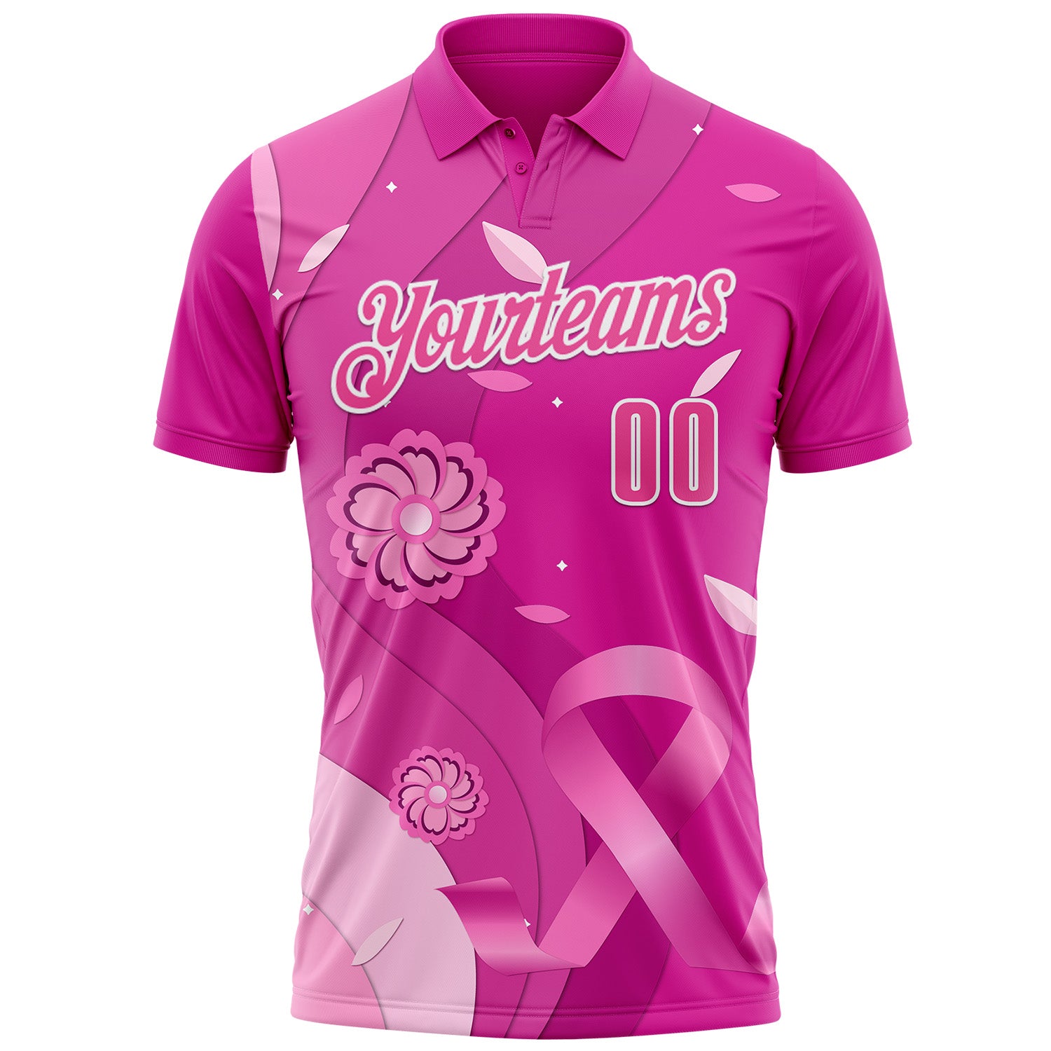Custom Deep Pink Pink-White 3D Pink Ribbon Breast Cancer Awareness Floral Performance Polo Shirt