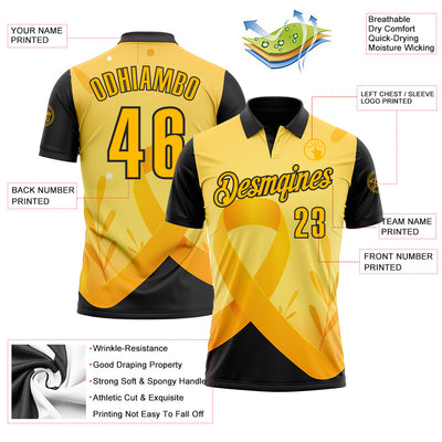 Custom Gold Black 3D Pattern Design Yellow Ribbon Bone Cancer Awareness Performance Polo Shirt