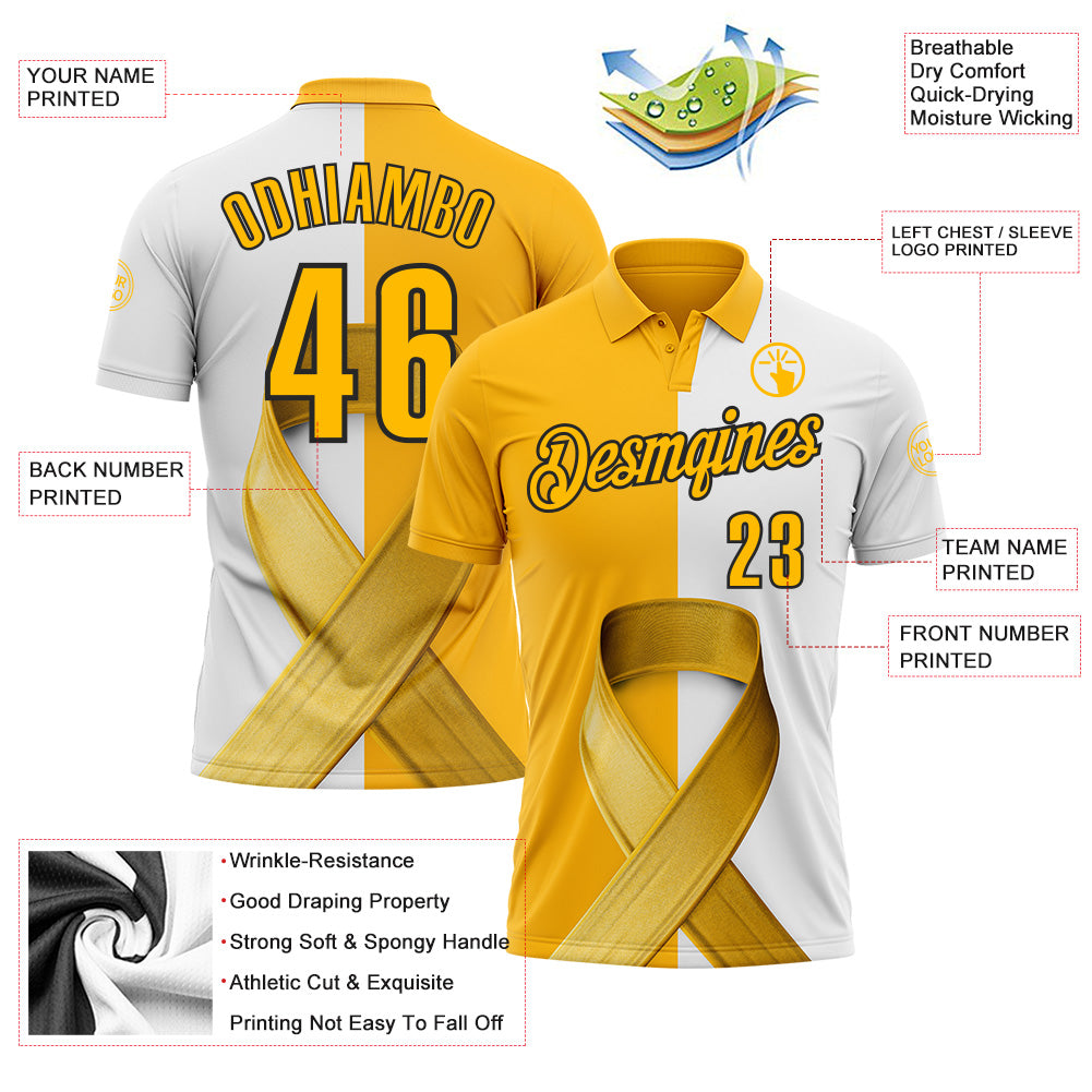 Custom White Gold-Black 3D Pattern Design Gold Ribbon Childhood Cancer Awareness Performance Polo Shirt