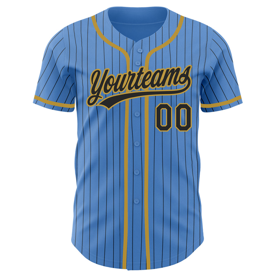 Custom Powder Blue Black Pinstripe Old Gold Authentic Baseball Jersey
