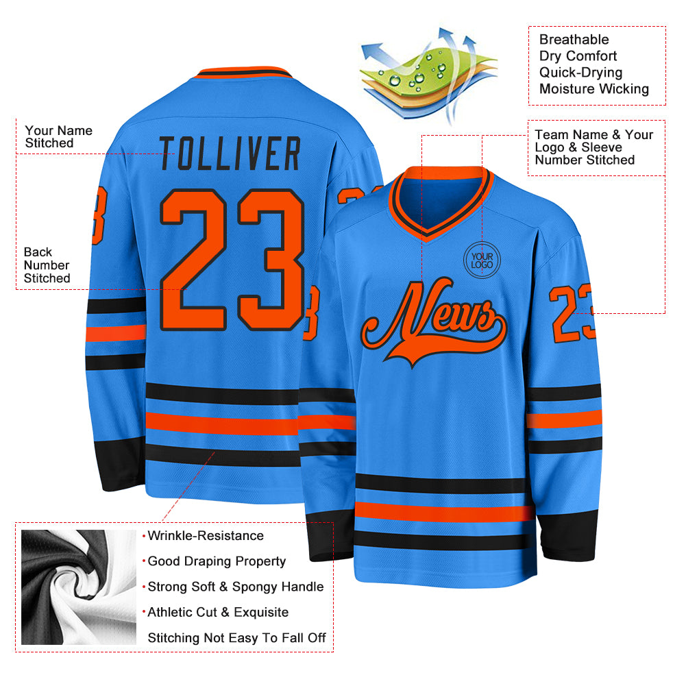 Custom Powder Blue Orange-Black Hockey Jersey