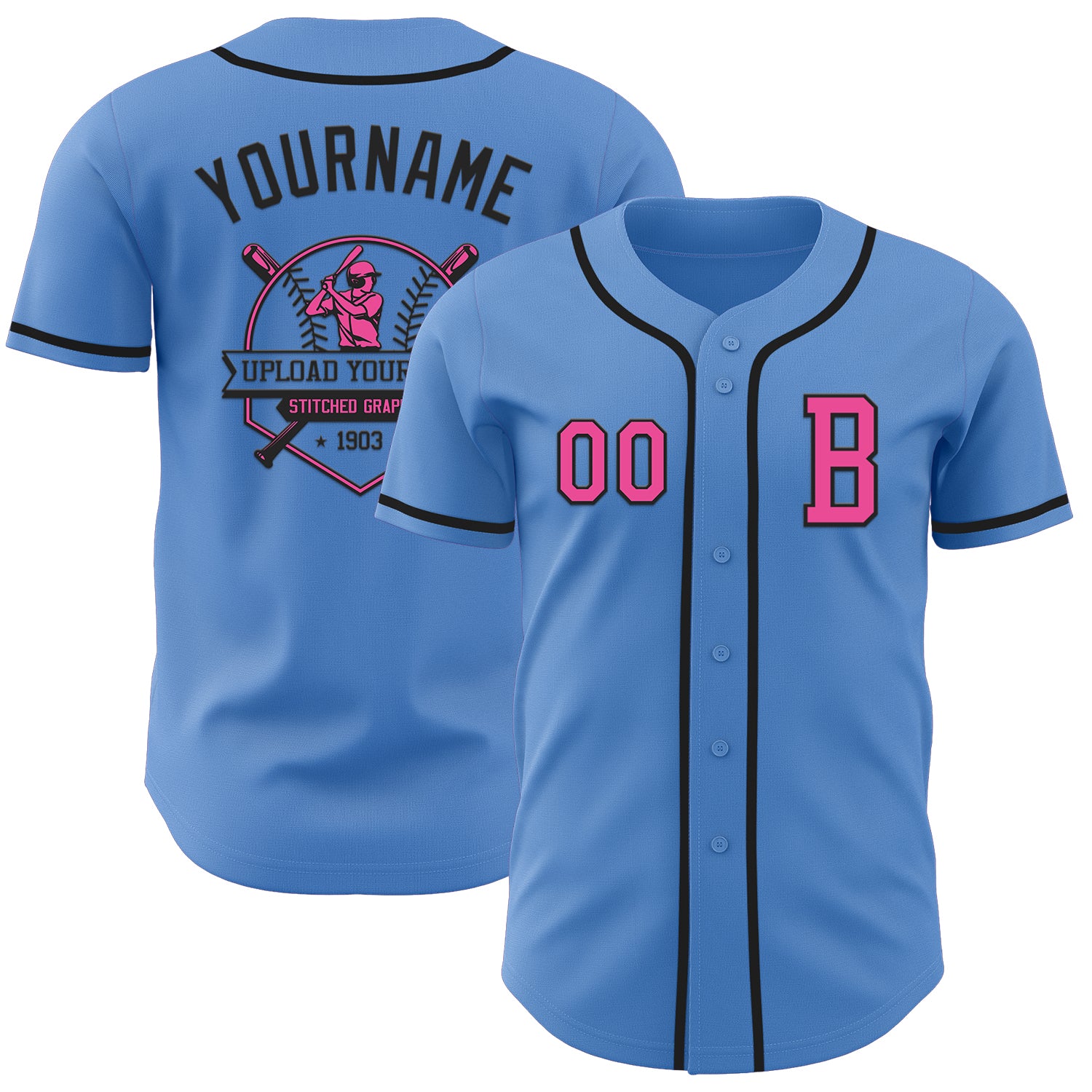 Custom Powder Blue Pink-Black Authentic Baseball Jersey
