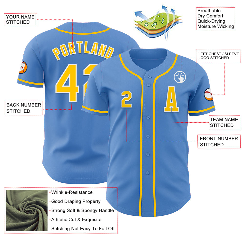 Custom Powder Blue Yellow-White Authentic Baseball Jersey