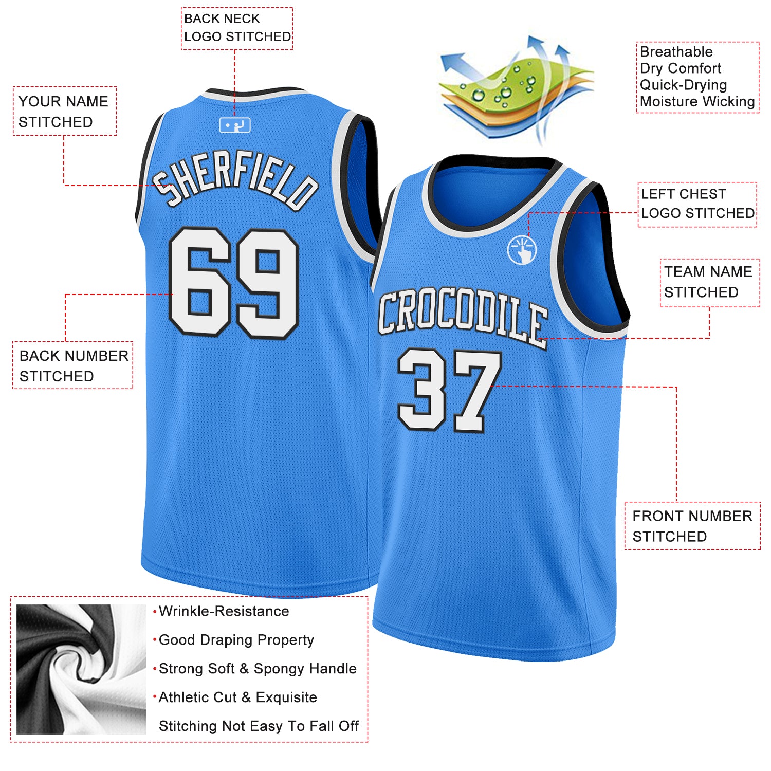Custom Powder Blue White-Black Authentic Basketball Jersey
