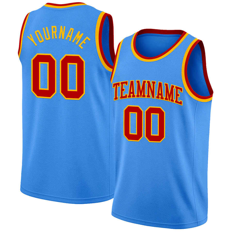 Custom Powder Blue Red-Gold Authentic Basketball Jersey