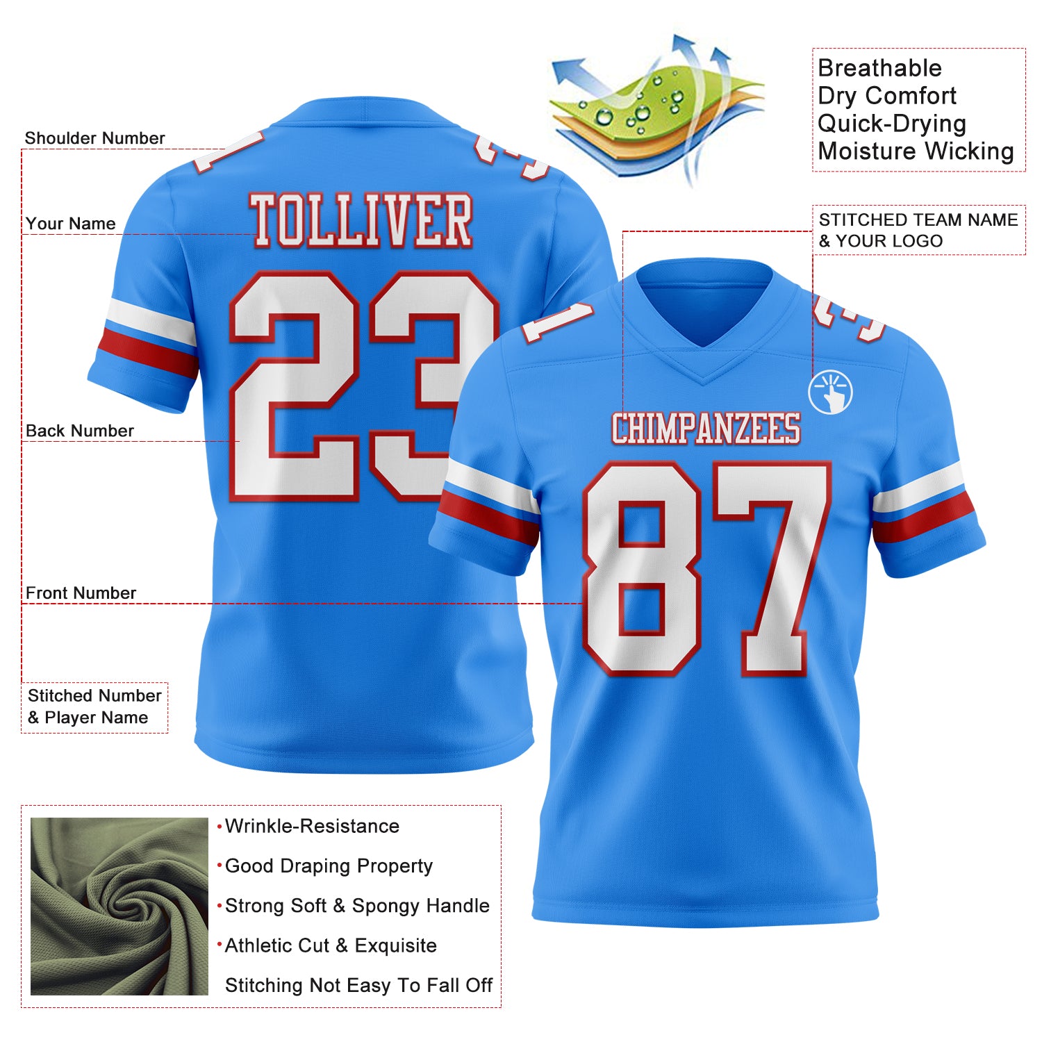 Custom Powder Blue White-Red Authentic Football Jersey