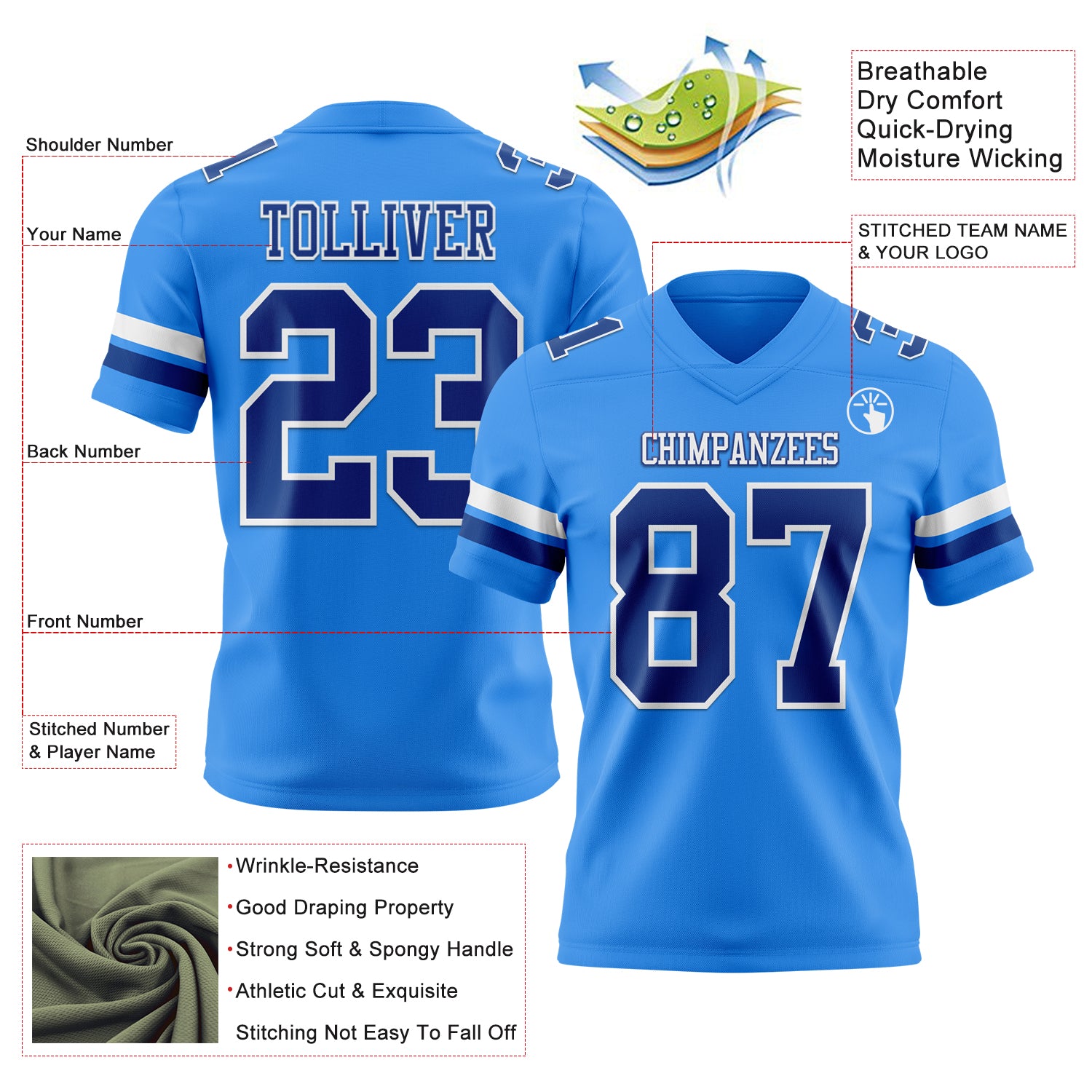 Custom Powder Blue Royal-White Authentic Football Jersey