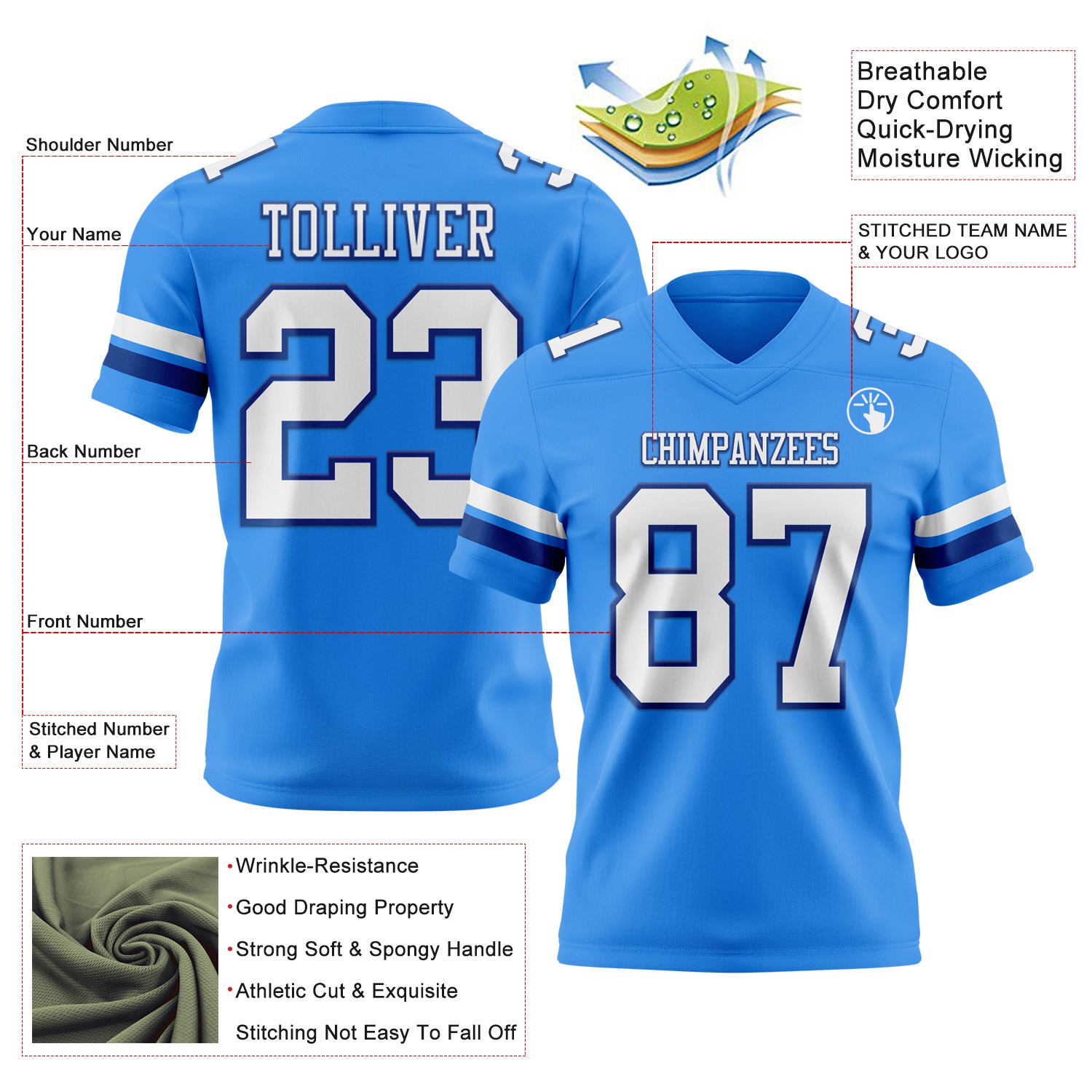 Custom Powder Blue White-Royal Authentic Football Jersey