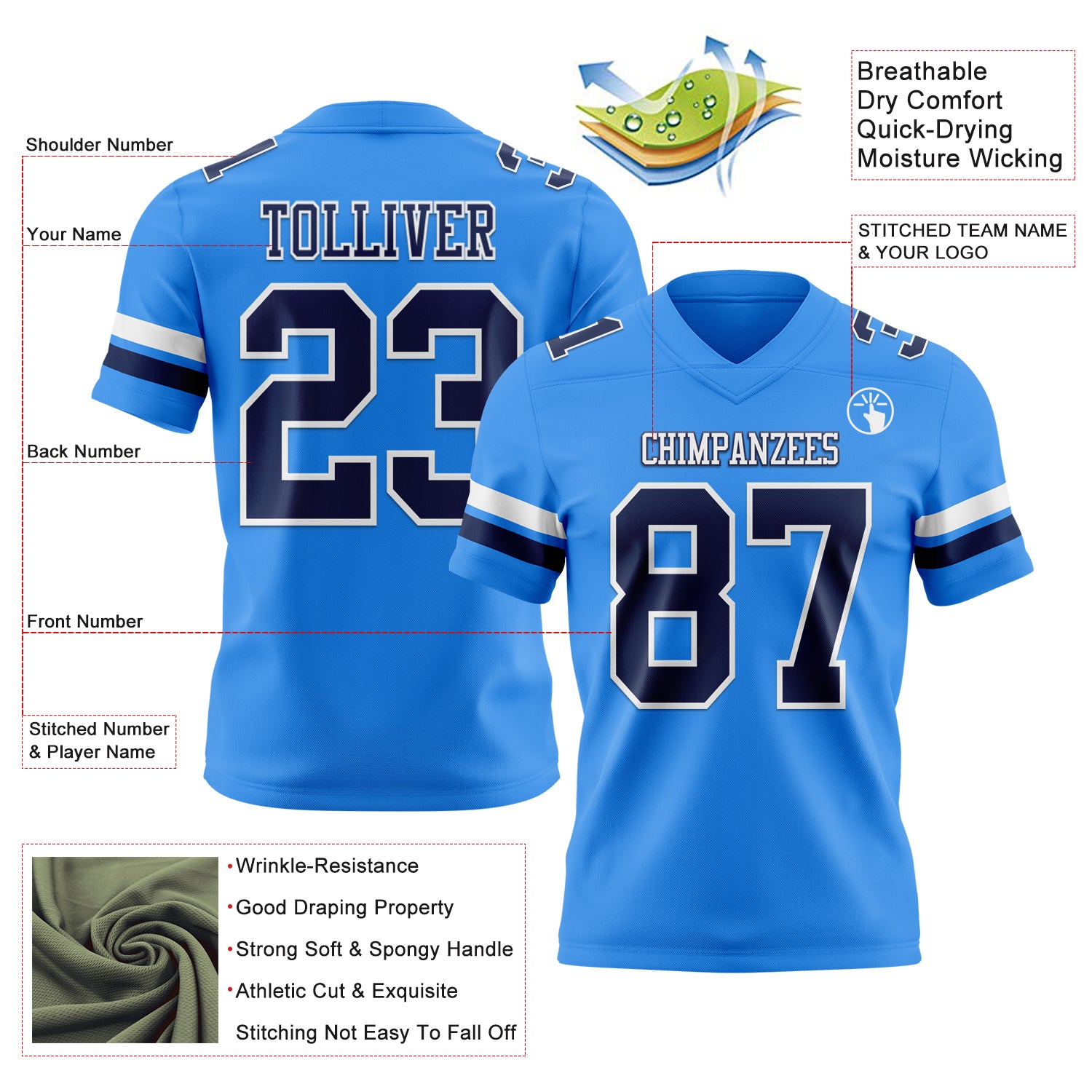 Custom Powder Blue Navy-White Authentic Football Jersey