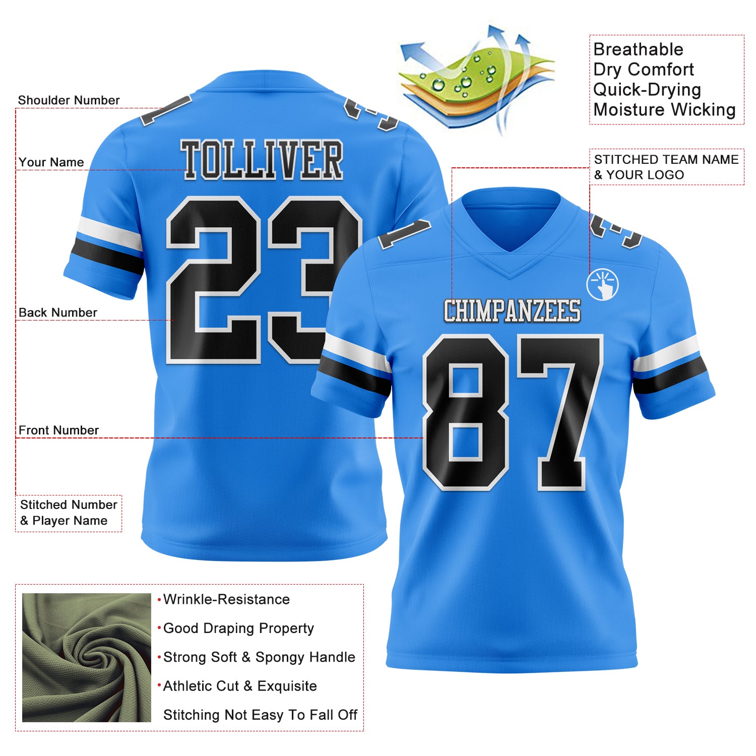 Custom Powder Blue Black-White Authentic Football Jersey
