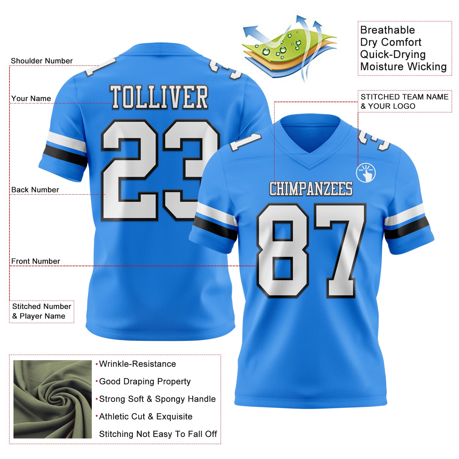 Custom Powder Blue White-Black Authentic Football Jersey