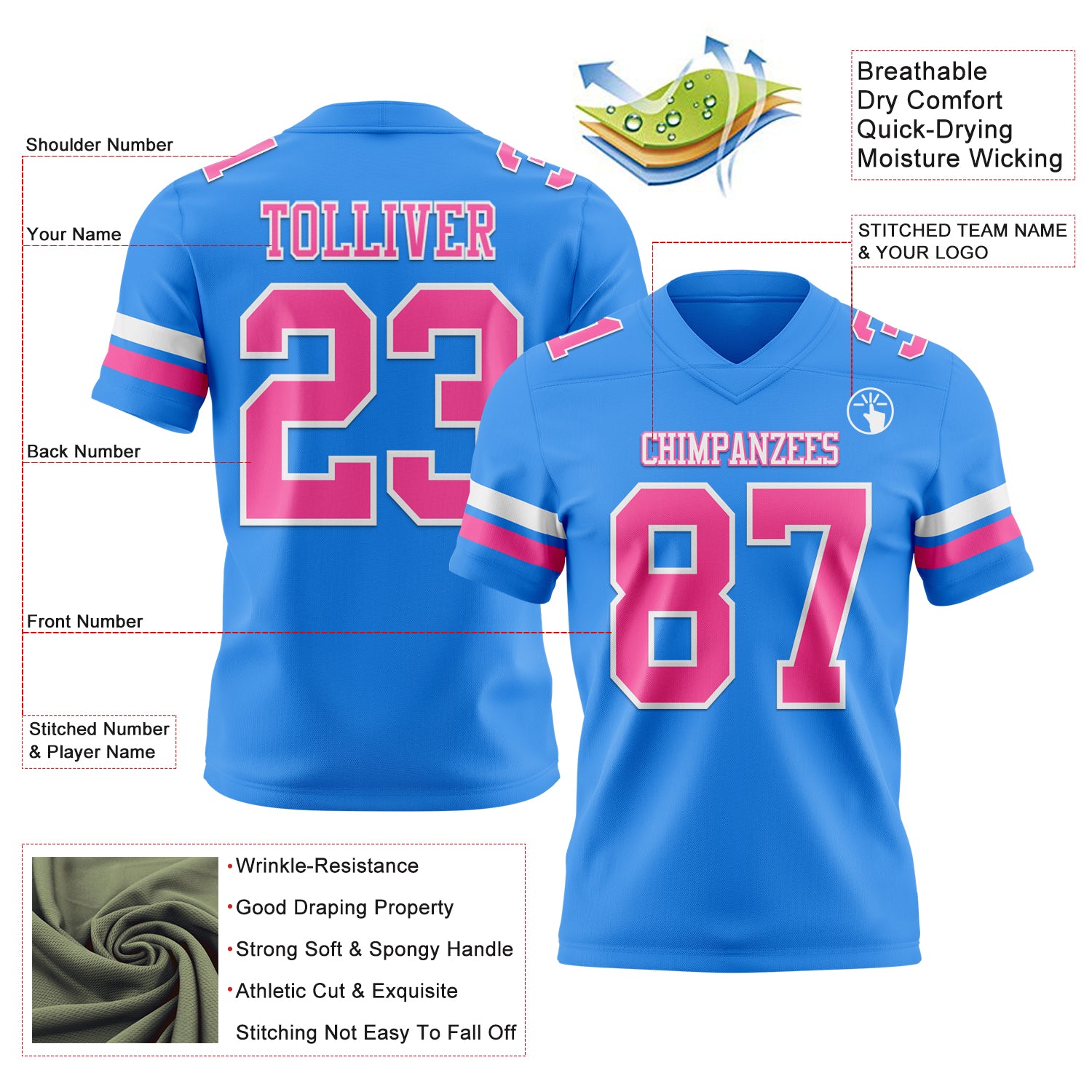 Custom Powder Blue Pink-White Authentic Football Jersey