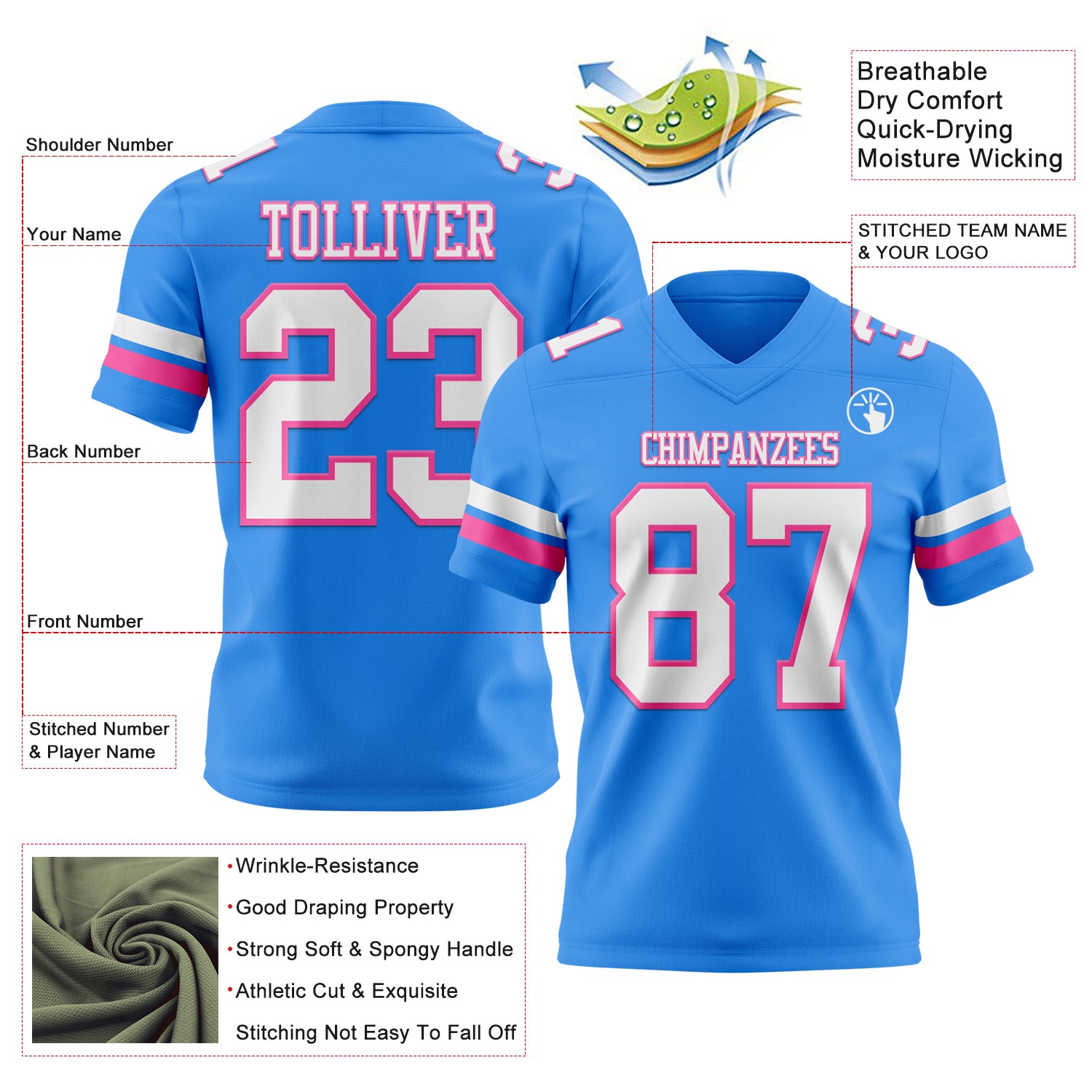 Custom Powder Blue White-Pink Authentic Football Jersey