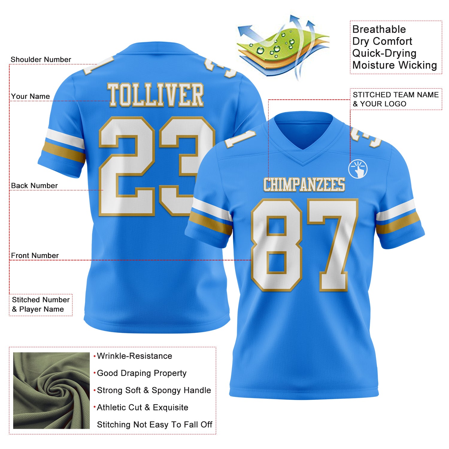 Custom Powder Blue White-Old Gold Authentic Football Jersey