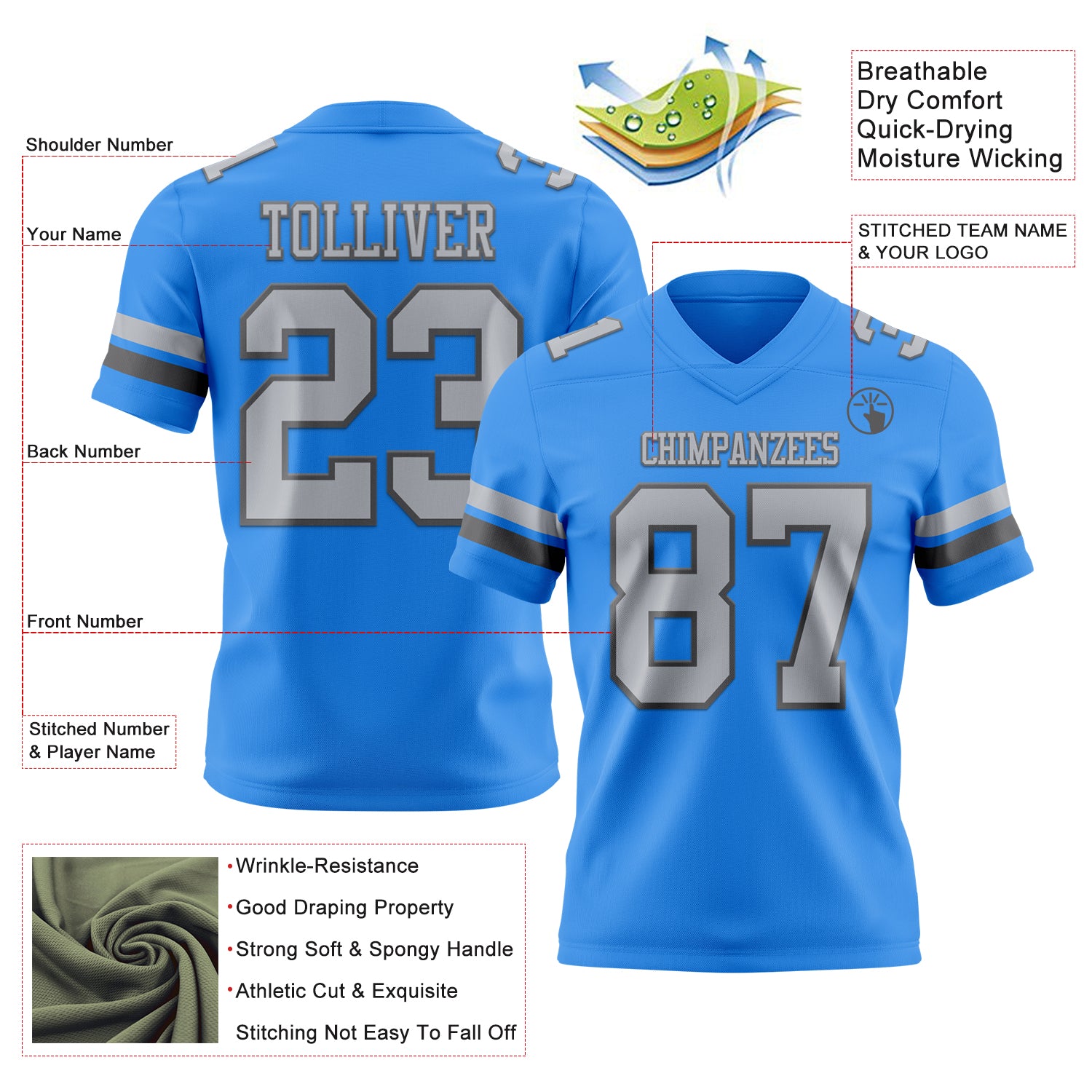 Custom Powder Blue Gray-Steel Gray Authentic Football Jersey