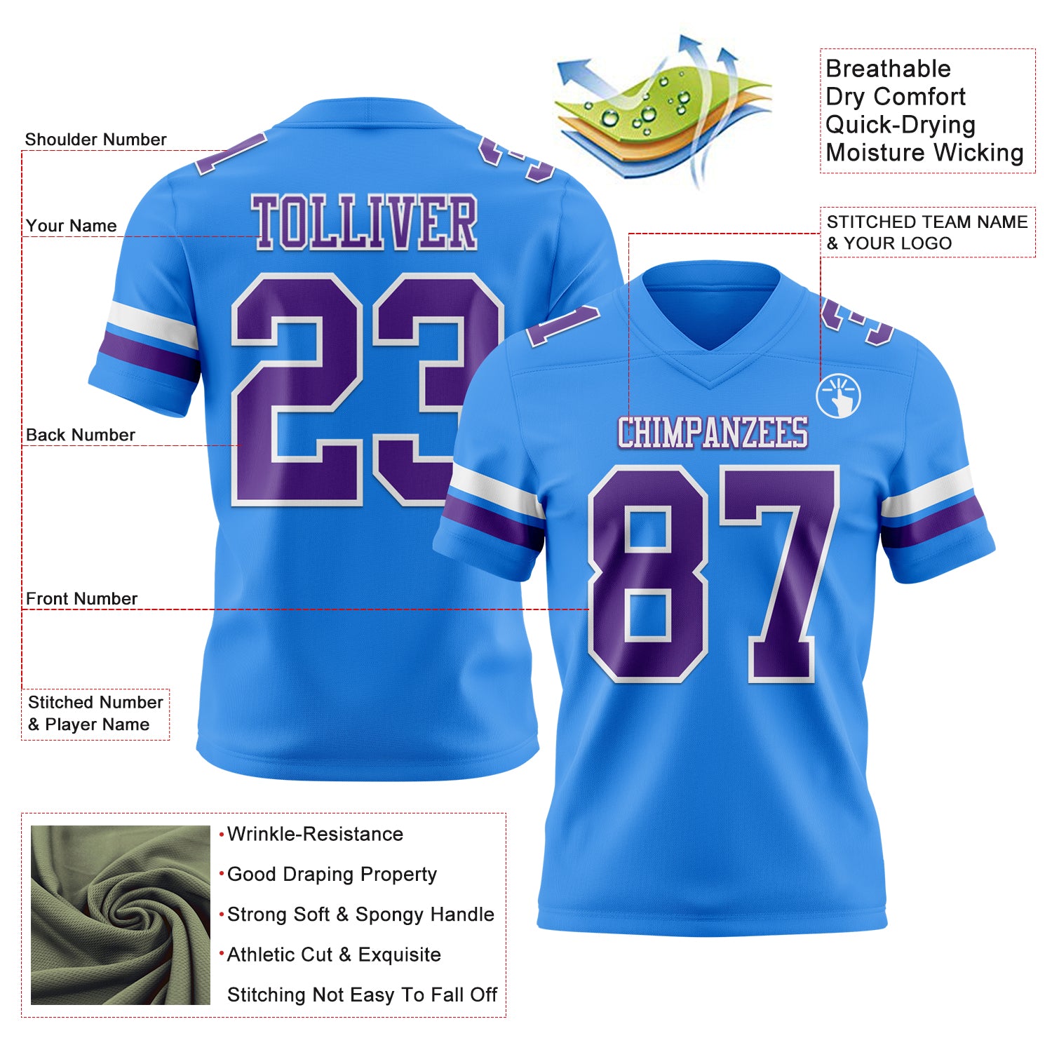 Custom Powder Blue Purple-White Authentic Football Jersey