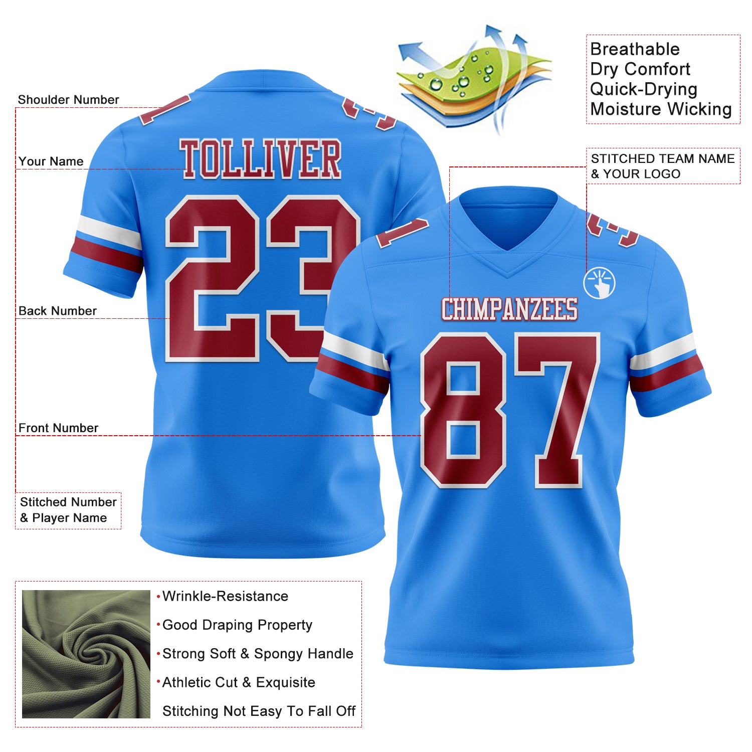 Custom Powder Blue Cardinal-White Authentic Football Jersey