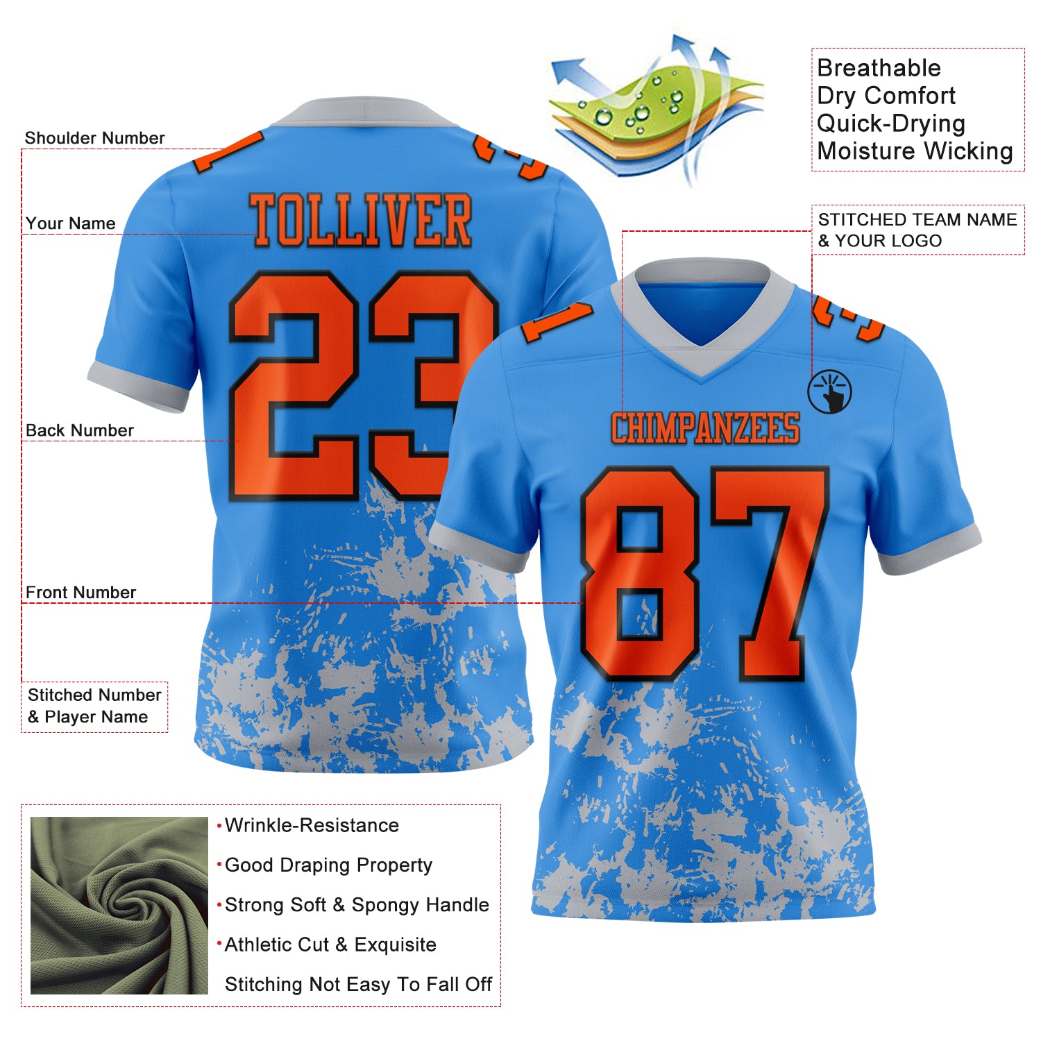Custom Powder Blue Orange Gray-Black 3D Pattern Splash Authentic Football Jersey