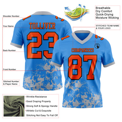 Custom Powder Blue Orange Gray-Black 3D Pattern Splash Authentic Football Jersey