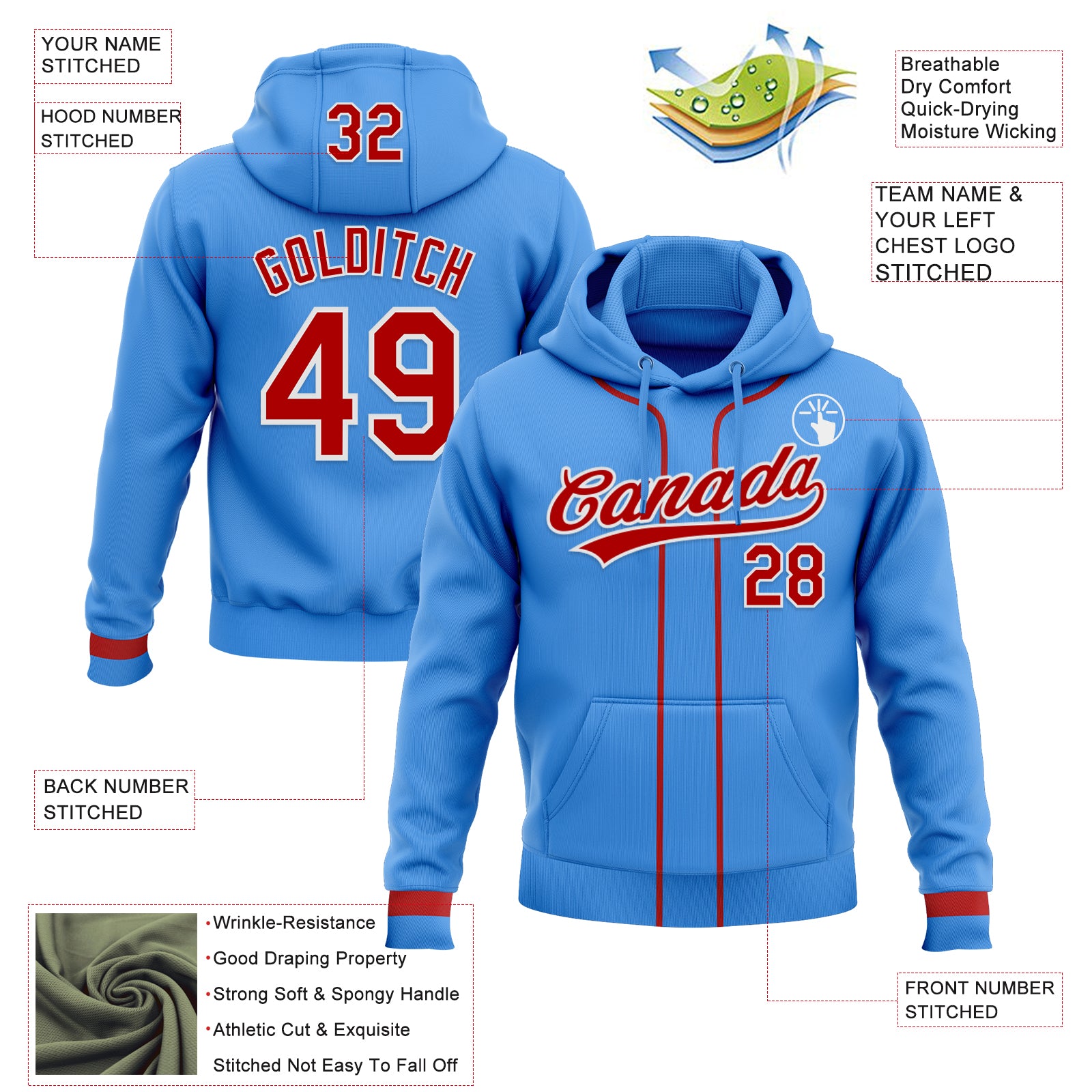 Custom Stitched Powder Blue Red-White Baseball Pullover Sweatshirt Hoodie