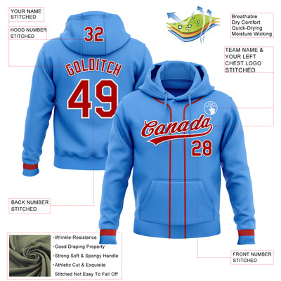 Custom Stitched Powder Blue Red-White Baseball Pullover Sweatshirt Hoodie