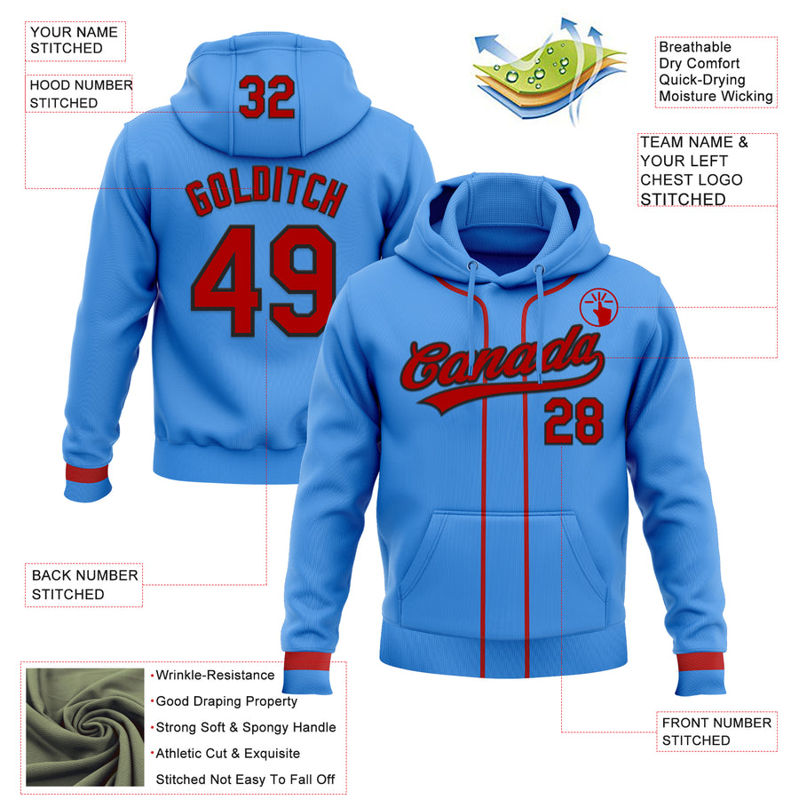 Custom Stitched Powder Blue Red-Black Baseball Pullover Sweatshirt Hoodie