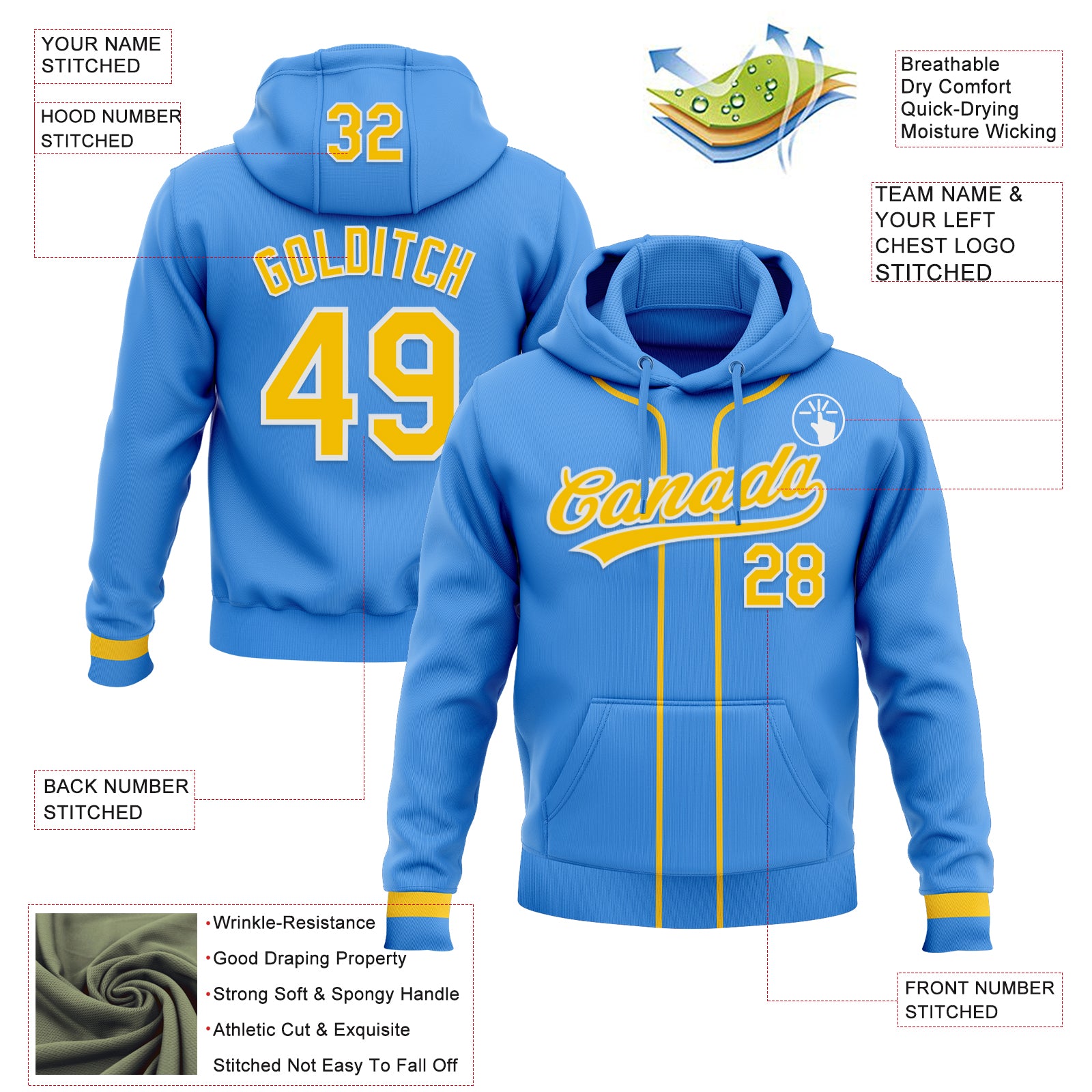 Custom Stitched Powder Blue Yellow-White Baseball Pullover Sweatshirt Hoodie