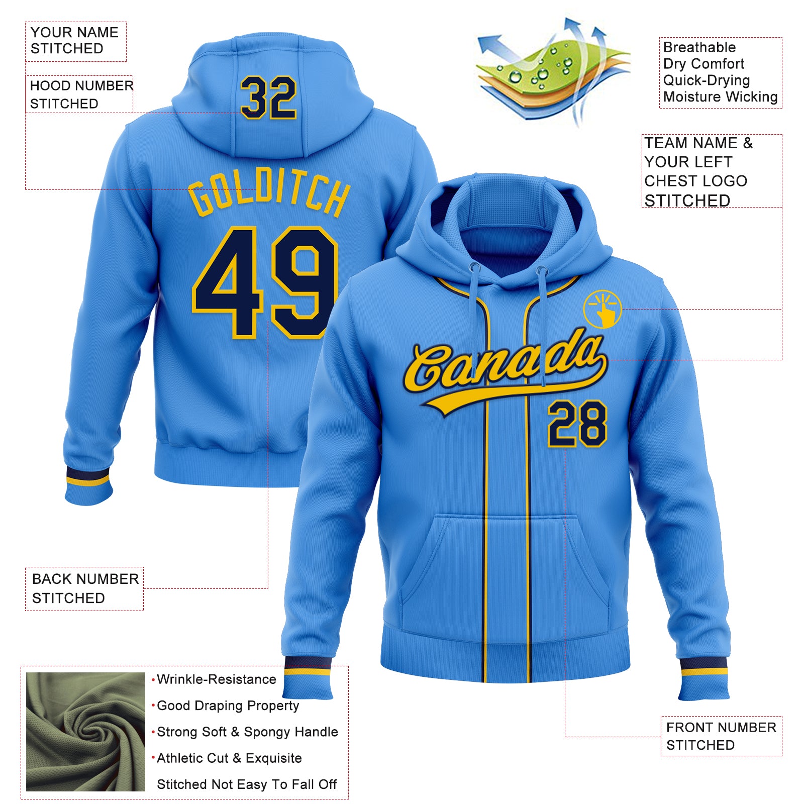 Custom Stitched Powder Blue Navy-Yellow Baseball Pullover Sweatshirt Hoodie