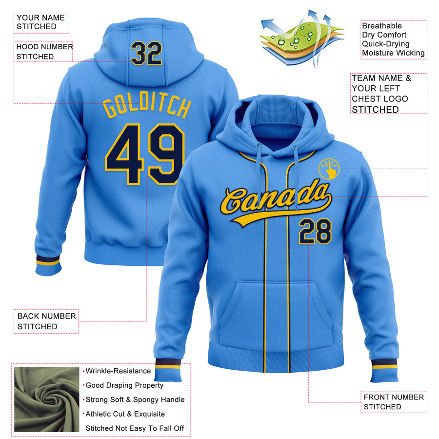 Custom Stitched Powder Blue Navy-Yellow Baseball Pullover Sweatshirt Hoodie