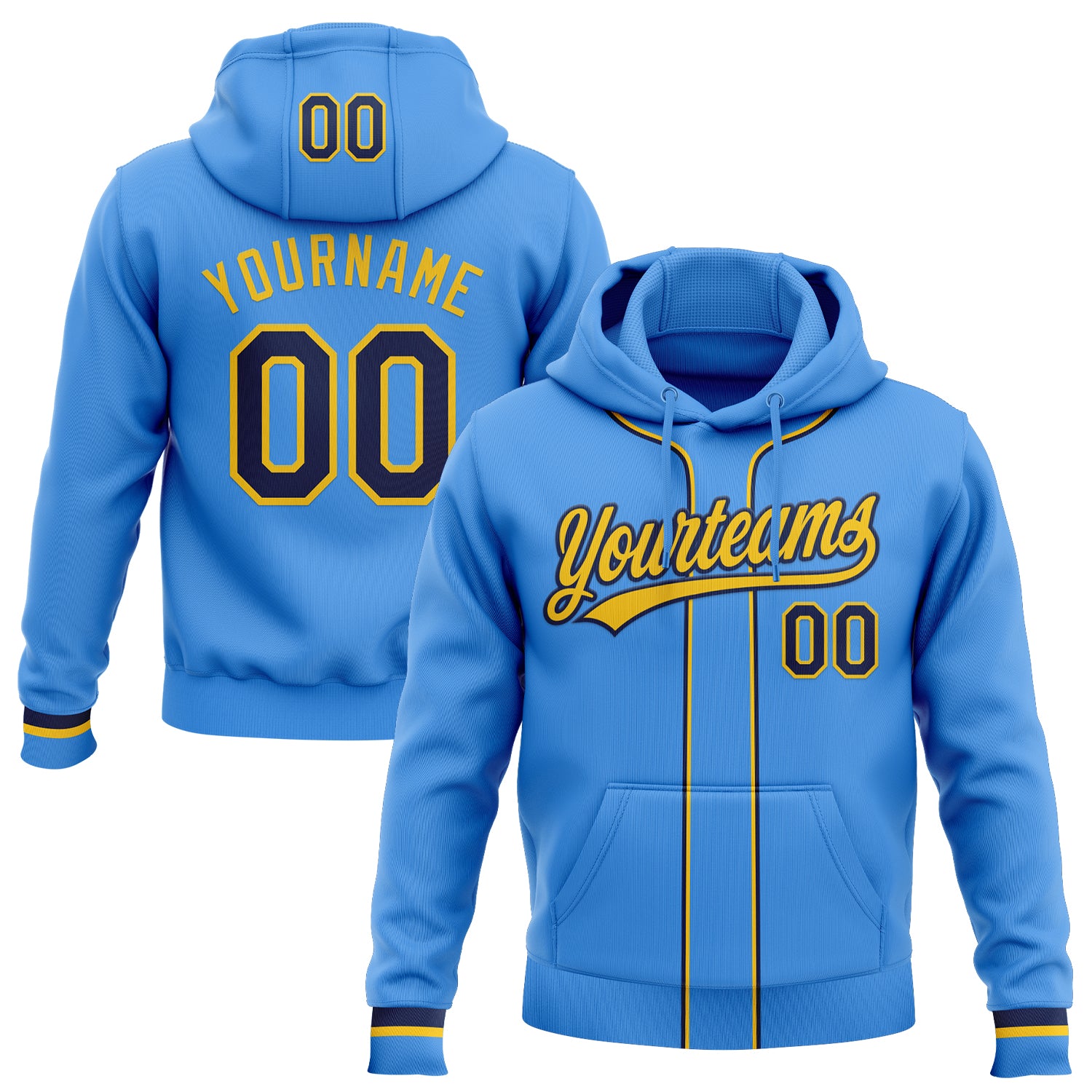 Custom Stitched Powder Blue Navy-Yellow Baseball Pullover Sweatshirt Hoodie