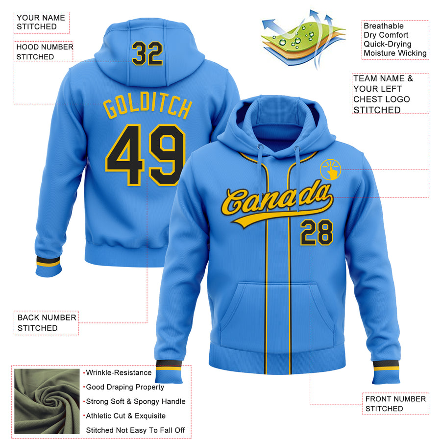 Custom Stitched Powder Blue Black-Yellow Baseball Pullover Sweatshirt Hoodie