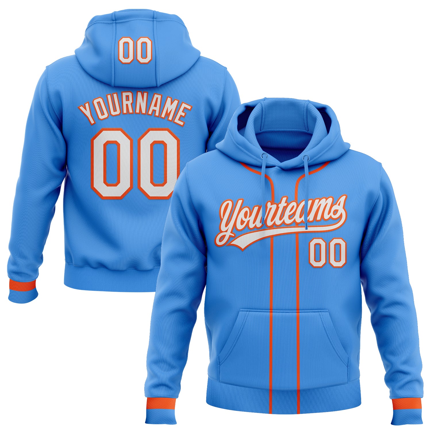 Custom Stitched Powder Blue White-Orange Baseball Pullover Sweatshirt Hoodie