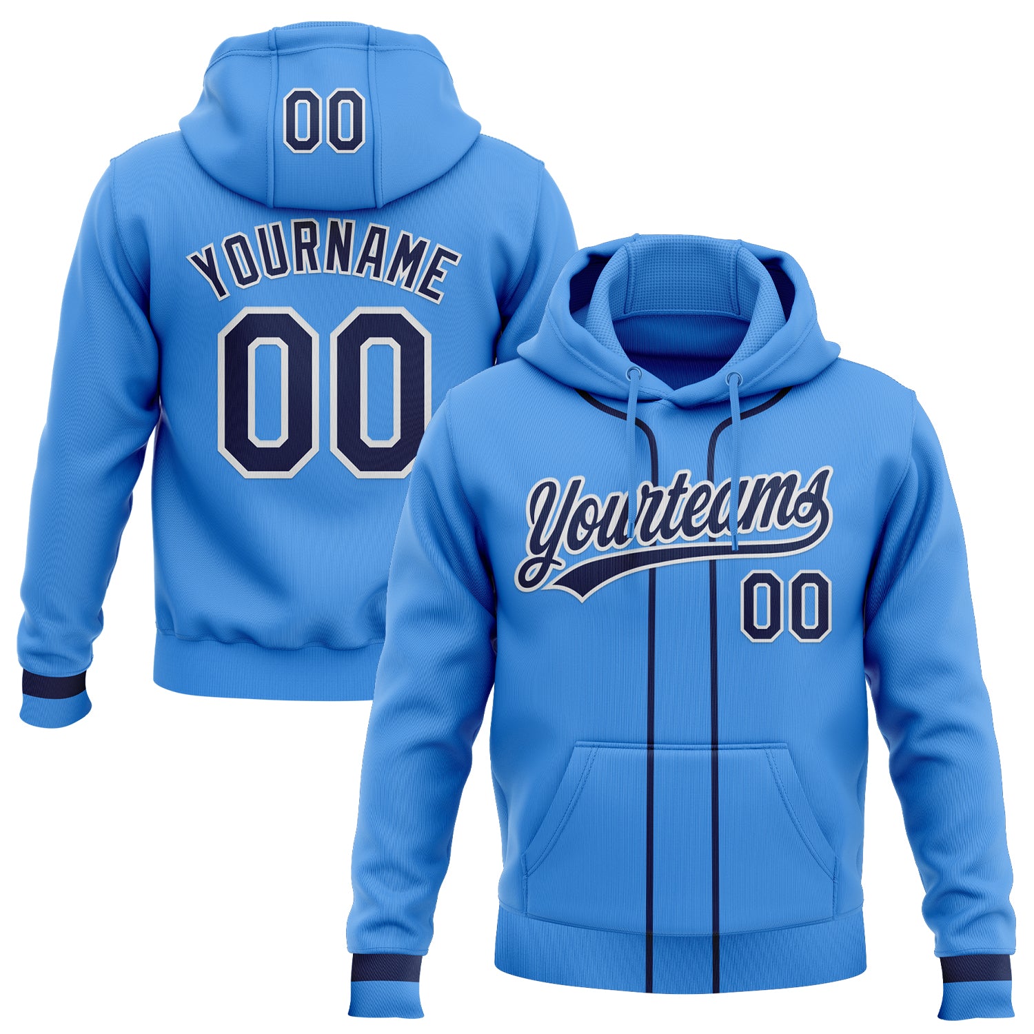 Custom Stitched Powder Blue Navy-White Baseball Pullover Sweatshirt Hoodie