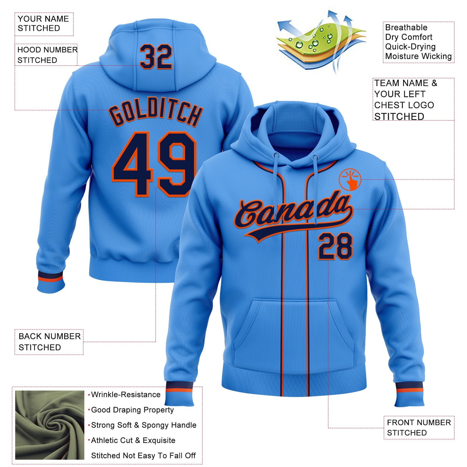 Custom Stitched Powder Blue Navy-Orange Baseball Pullover Sweatshirt Hoodie