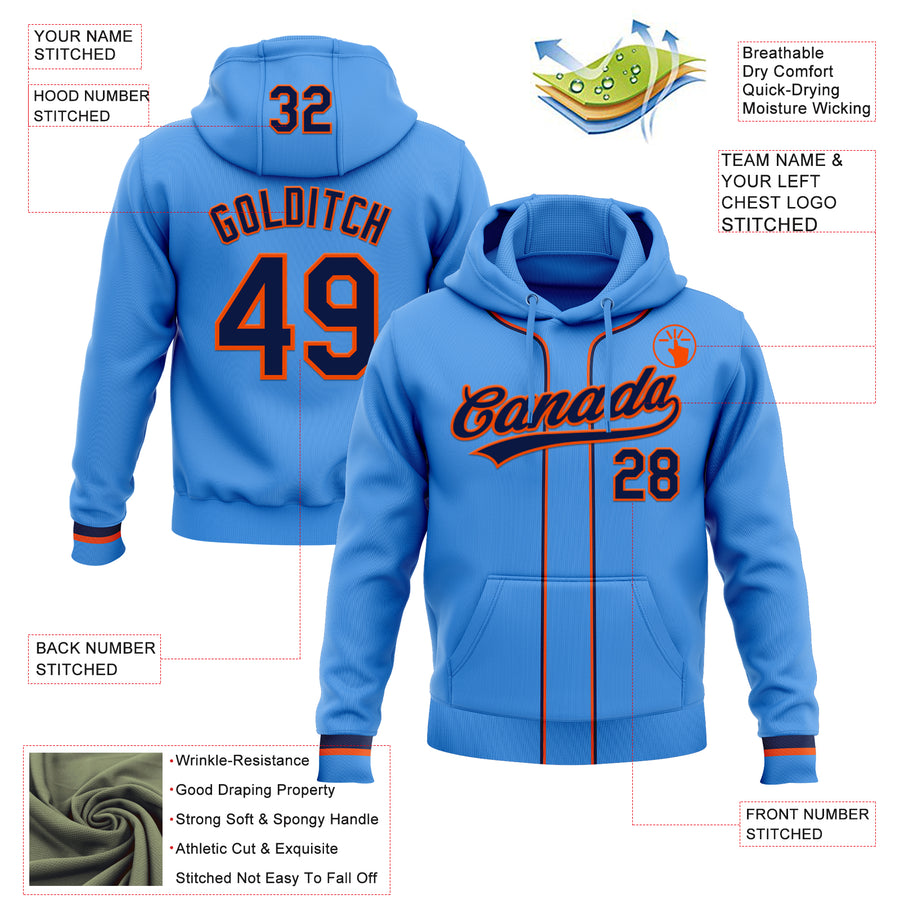 Custom Stitched Powder Blue Navy-Orange Baseball Pullover Sweatshirt Hoodie