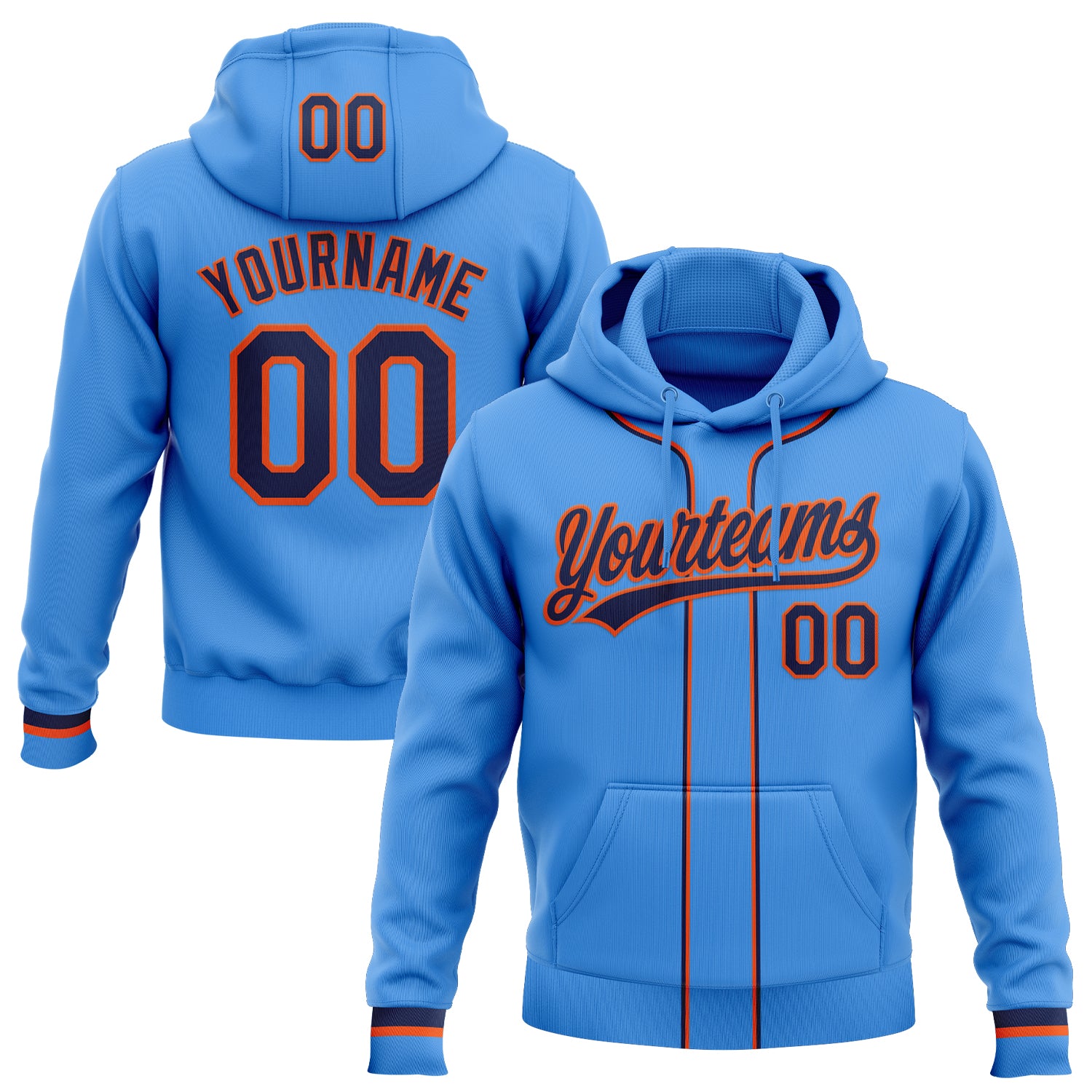 Custom Stitched Powder Blue Navy-Orange Baseball Pullover Sweatshirt Hoodie