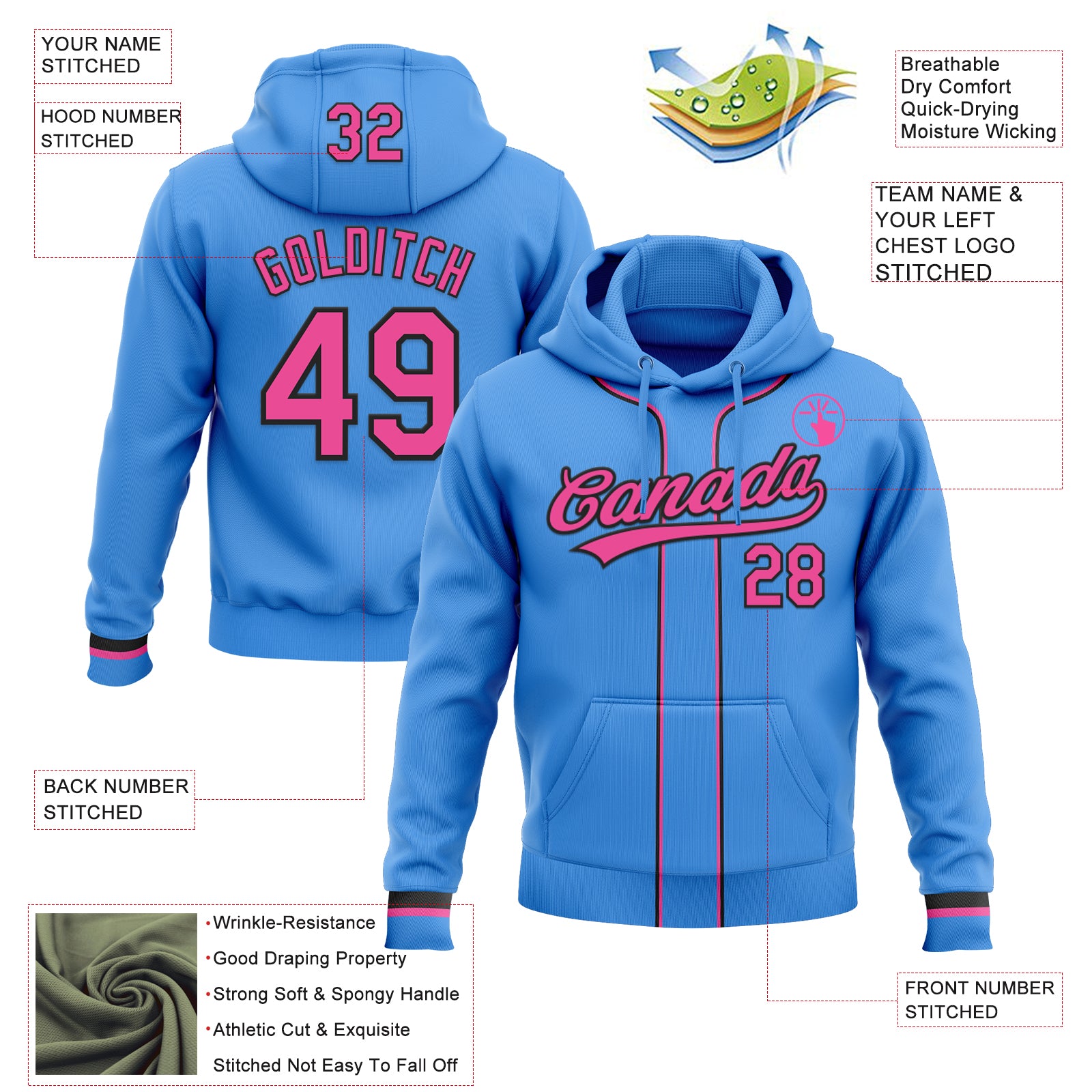 Custom Stitched Powder Blue Pink-Black Baseball Pullover Sweatshirt Hoodie
