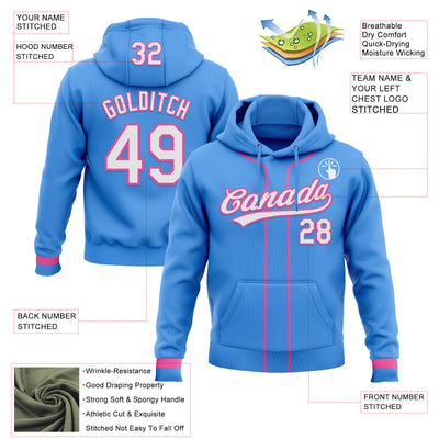 Custom Stitched Powder Blue White-Pink Baseball Pullover Sweatshirt Hoodie