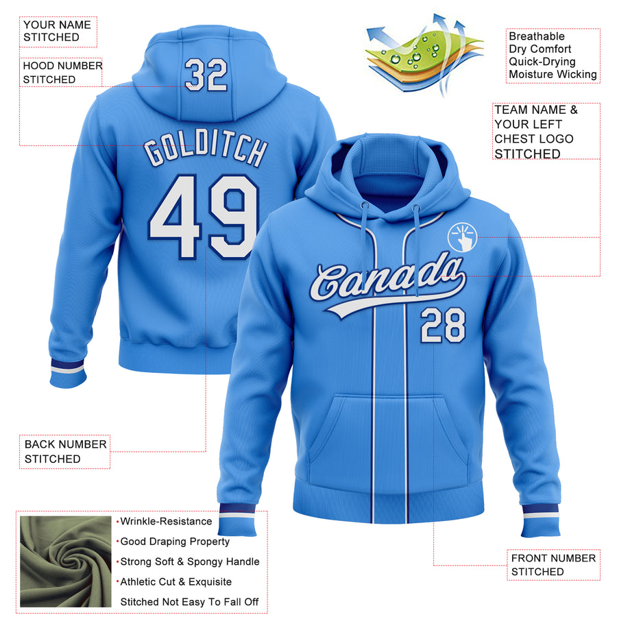 Custom Stitched Powder Blue White-Royal Baseball Pullover Sweatshirt Hoodie
